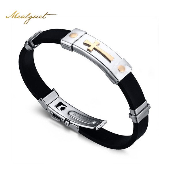Meaeguet Cross Bracelet For Men Women Black Silicone Bracelets Stainless Steel Spring Clasp Jewelry Simple Design