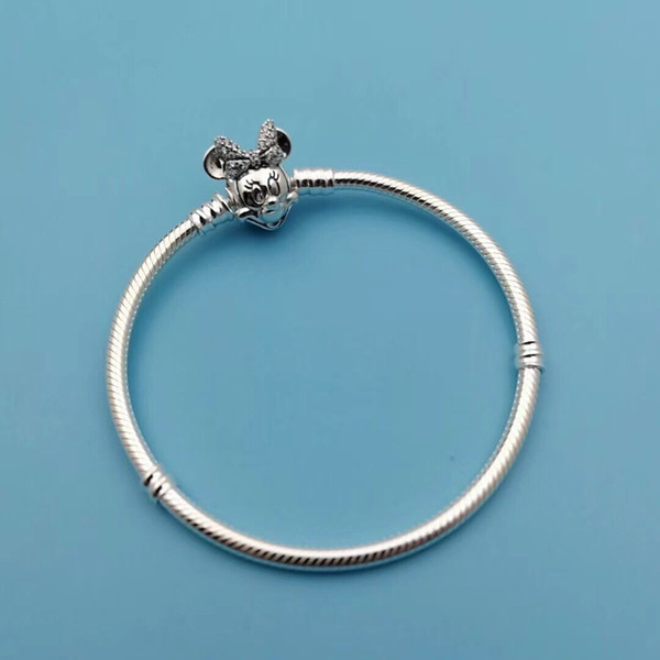 100% 925 Sterling Silver Original Cartoon Fairy Tale Animal Cute Mouse with Crystal Pan Bangle Fit Bracelet Charms DIY Jewelry