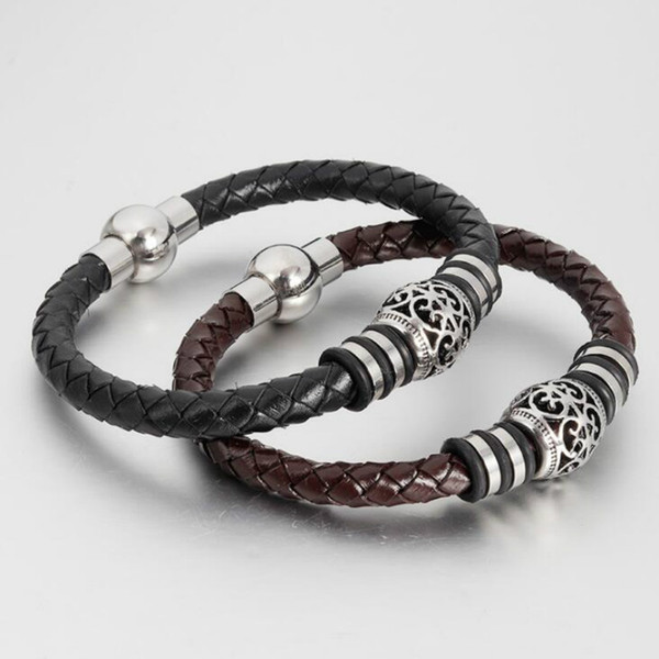Stainless steel men Europe and America fashion vintage woven leather bracelet multi-layer bracelet 6MM jewelry