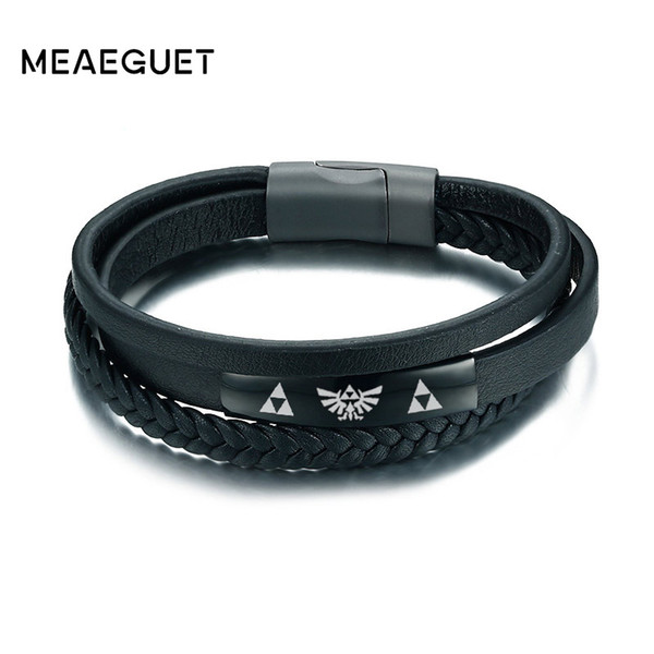 Meaeguet Customized The Legend of Zelda Braided Genuine Leather ID Bracelet Bangle For Men Rock Black Stainless Steel Jewelry