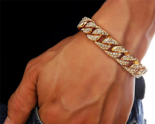 Men's Luxury Simulated Diamond Fashion Bracelets & Bangles High Quality Gold Plated Iced Out Miami Cuban Bracelet Hip Hop J051