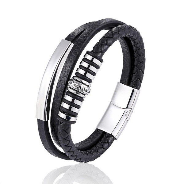 Black Multilayer Braid Leather Bracelet Men's Stainless Steel Magnetic Clasp Bangles For Male Jewelry Gifts