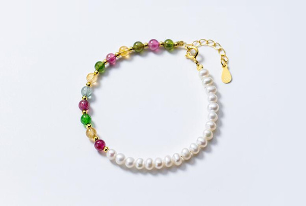 100% Authentic Real. 925 Sterling Silver Fine Jewelry Colored tourmaline crystal &Handmade Pearl Chain Bracelet GTLS711