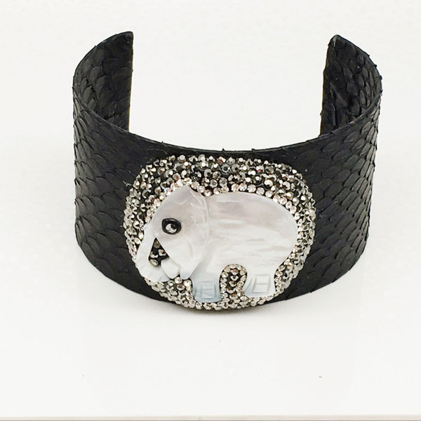 3 colors Fashion Wome Jewelry Boho Style Bangle Snake Leather with crystal zircon Elephant shell Wide Cuff Bangles Bracelets