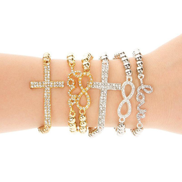 Classic Love Cross Infinity Charm Bracelets Women Fashion Style Gold Rhinestone Love Bangle Cuff Bracelet Jewelry Love Elasticity bracelet W
