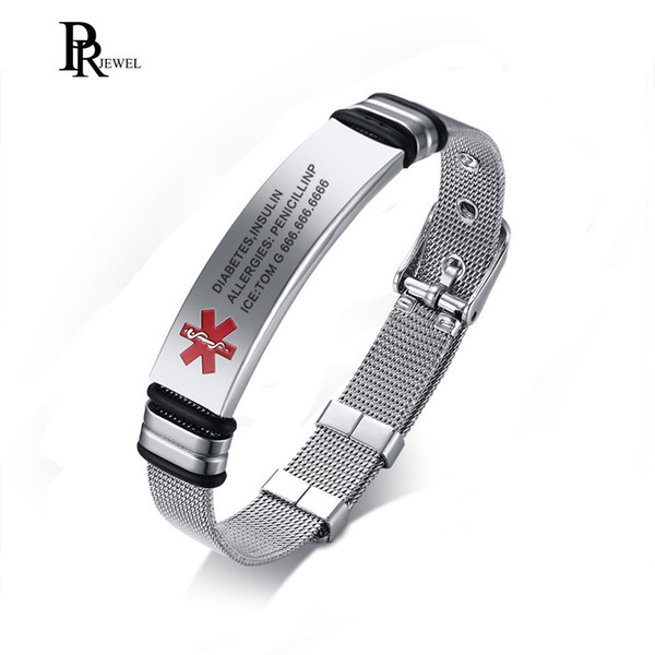 Unisex Free Stainless Steel Medical Alert ID Tag Cuff Bangle Bracelet Length Adjustble