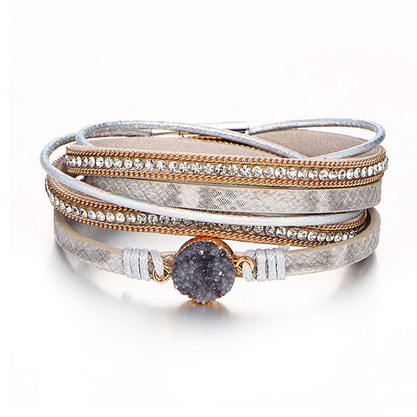 Western New Fashion Alloy Leather Multilayer Double Wrap Bracelet with Rhinestone Magnet Clasp Bangles&Bracelet for Women