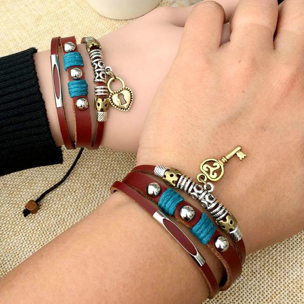 Handmade Key And Lock Cow Real Leather Braided Bracelets Cords For Lover Men And Women Wholesale Free Shipping Bangles