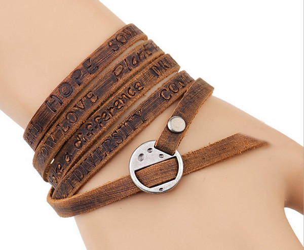 New 5 rows worn finish leather bracelet with burnished gold round casting buckle and words on band