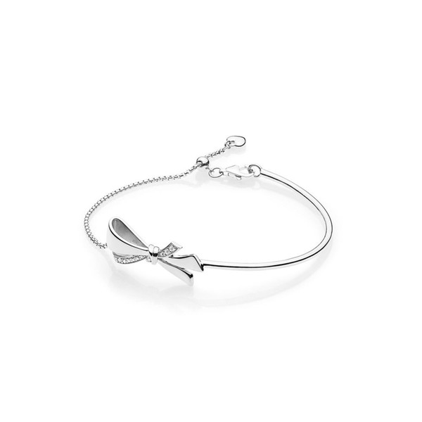 COSEN PAN 100% 925 Sterling SilverOriginal Brilliant Bow Adjustable Bracelet 597242CZ Classic Basic Bracelet Vintage Women
