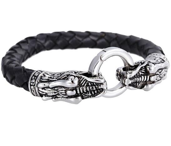 Top Quality Casting Biker Double dragon Heads design Genuine Leather Stainless Steel Bracelet Men's Holiday Gift 8.26
