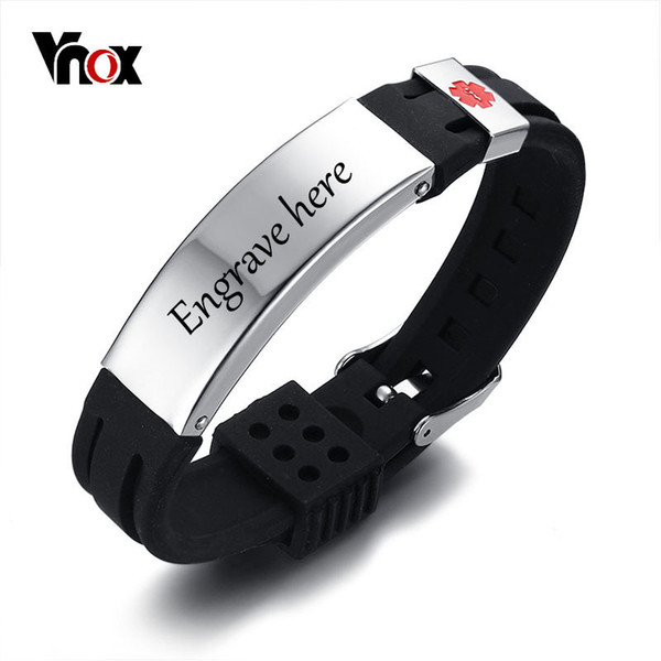 Vnox Free 15mm Medical Alert ID Identification Bracelet for Men Women Silicone Stainless Steel Watch Band Adjustable