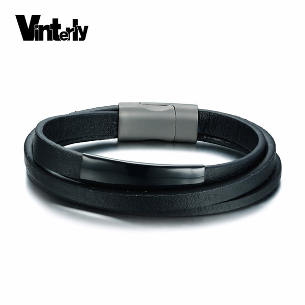Vinterly Mens Black Genuine Leather Bracelet Magnet Clasps Stainless Steel ID Bracelet Bangle for Men Jewelry Service