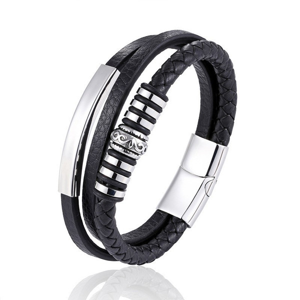 Black Multilayer Braid Leather Bracelet Men's Stainless Steel Magnetic Clasp Bangles For Male Jewelry Gifts