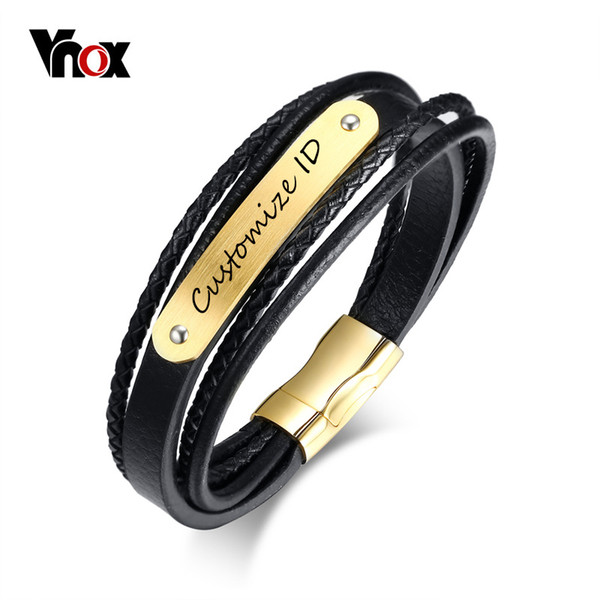 Vnox Mens Free ID Bracelet Stylish Black Genuine Braided Leather Cuff Bracelets Bangles Magnetic Clasp 8.4