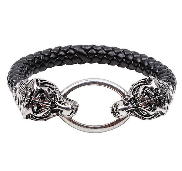Wholesale Braided Genuine Leather Double Tiger Head Bracelet Wristband jewellery For Man