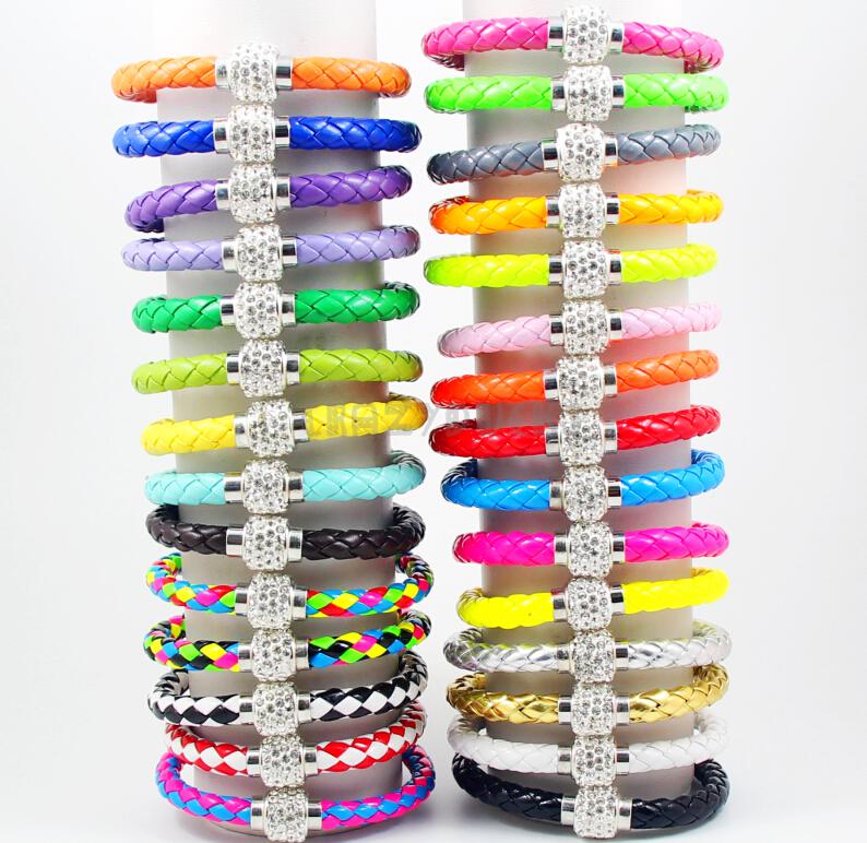 7mm Leather Wrap Wristband Cuff Punk Magnetic Rhinestone Buckle Bracelet Bangle Mix Color