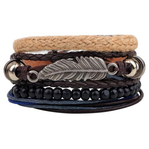 Fashion leather bracelet Men's multi-layer bead bracelet women's retro punk casual men's bracelet jewelry accessories 1 Set 4PCS