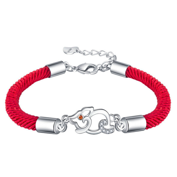 Openwork Inlaid Zircon Cute Pig Silver Plated Red Rope Simple Buckle Bracelet