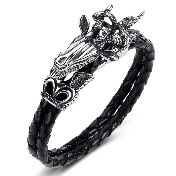 Punk Black Weaving Multi-layer Genuine Leather Bracelet Aries Stainless Steel Bracelet & Bangle For Men's Retro Gifts Pulseiras