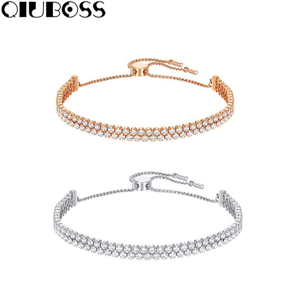 QIUBOSS 2018 New Subtle Double Row Full of Diamond Bracelets Girlfriend Gift Designer Jewelry Luxury Women Bracelet Jewlery Box