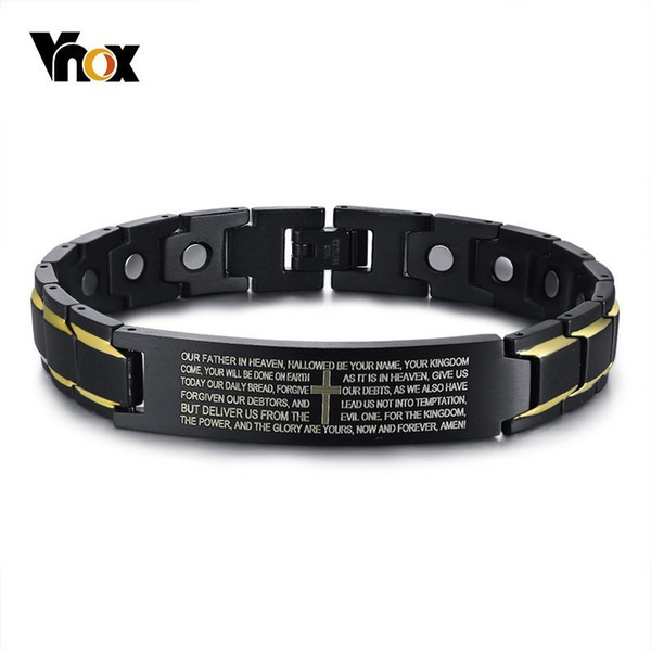Vnox Casual Magnet Bracelets for Men Engraved Bible Cross Stainless Steel Bio Energy Power Male Pulseira Custom Jewelry Gift