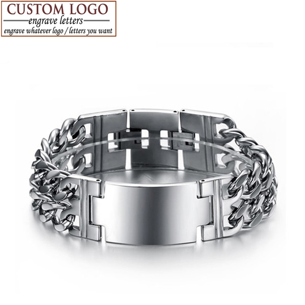 AZIZ BEKKAOUI Stainless Steel Bracelets Bangles Colorfast Men Punk Jewelry Wide Wristband Men Engraved Name ID Bracelet & Bangle