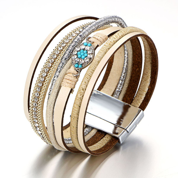 WISH Foreign Trade European leather bracelet Multi-storey Cortex Eye leather bracelet Rhinestone Fully-jewelled 8 Word leather bracelet