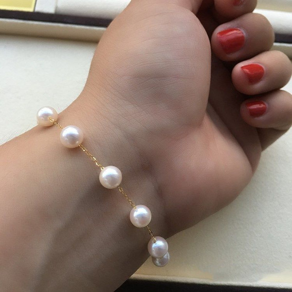 AAAA 6-7mm Natural White Akoya round pearl bracelet 18K GOLD 7.5-8