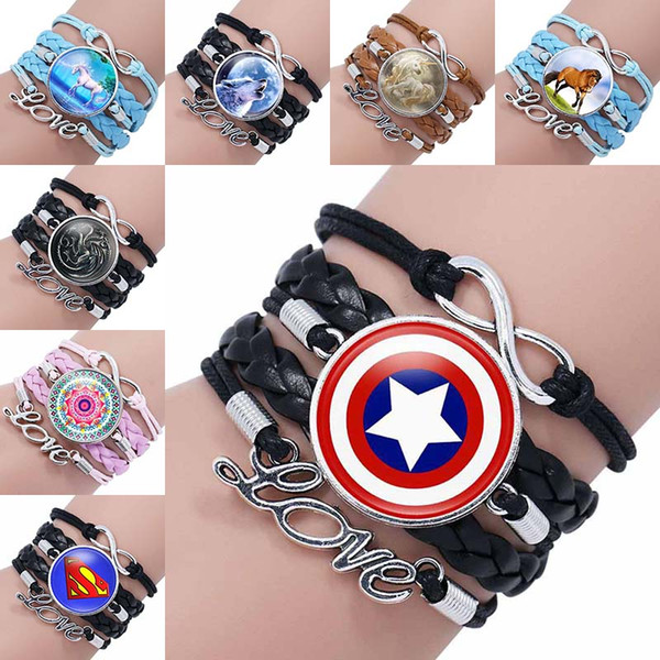 Infinity Love Bracelet Game of Throne Superheroes Unicorn Wolf Mandala Flower Glass Cabochon Bracelet Wrap Bracelets Fashion Jewelry