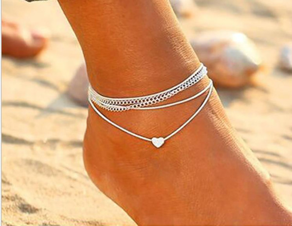 Euro-American style pop fashion beach love multi-layer foot chain, heart-shaped peach heart double-layer chain footwear jewelry