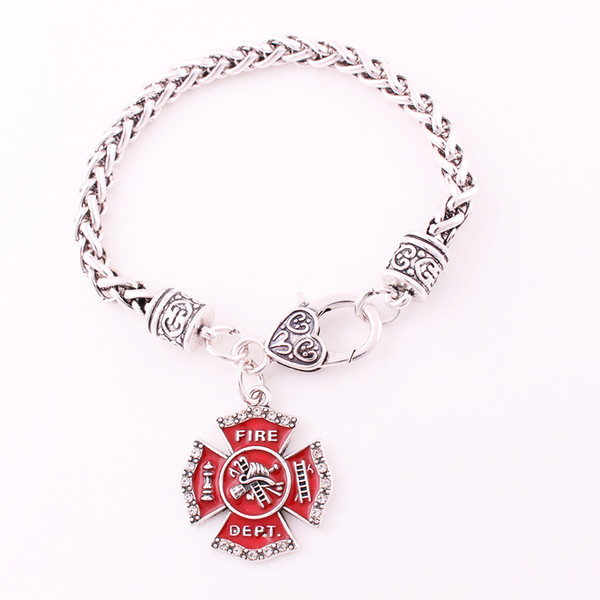 FIRE DEPT With Clear Crystal Wheat Chain Bracelet Red Enamel Cross Firefighter Fire Sign Pendant Bracelet