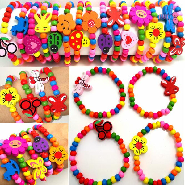 100pcs Girls Natural Wood Beads Bracelet 12 Styles Mix Children Wooden Wristbands Child Party Bag Fillers Birthday Gift Wholesale Jewelry