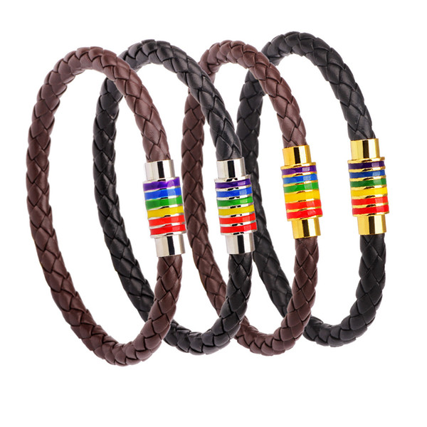 Genuine Braided Leather Bracelet Women Men Stainless Steel Gay Pride Rainbow Magnetic Bracelet Gift fast free shipping