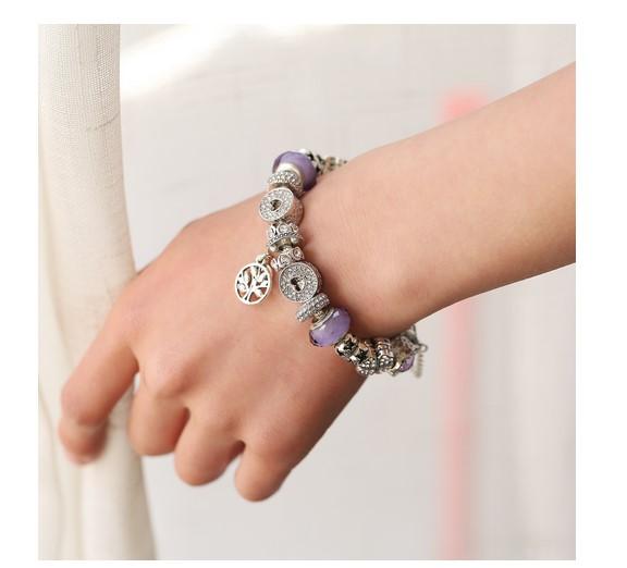 Fashion 925 Sterling Silver Purple Crystal Murano Lampwork Glass & Crystal European Charm Beads Fits Pandora Charm bracelets Style Free Ship