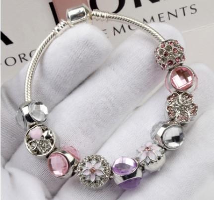 Fashion 925 Sterling Silver Pink & Purple Sparkling Drops Flower Bracelet Crystal European Charm Beads Fits Pandora Charm Bracelets & Bangle