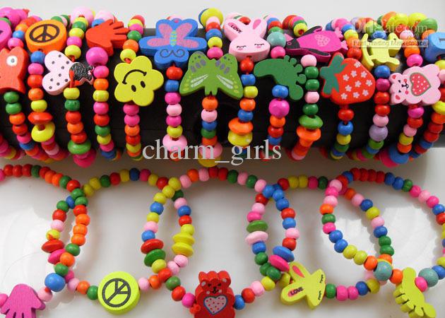 Wholesale - 120pcs/lot Natural Wood Kids Children Bracelets Party gift favor Jewelry Fashion Flower Elastic Bracelet Hot sale Mixed style