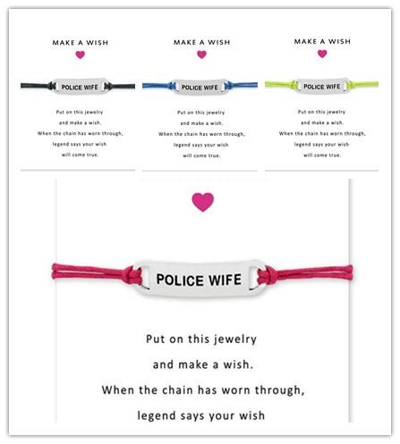 Hot sale lettering silver police wife charm blessing card bracelet drop four color wax rope best gift to a friend