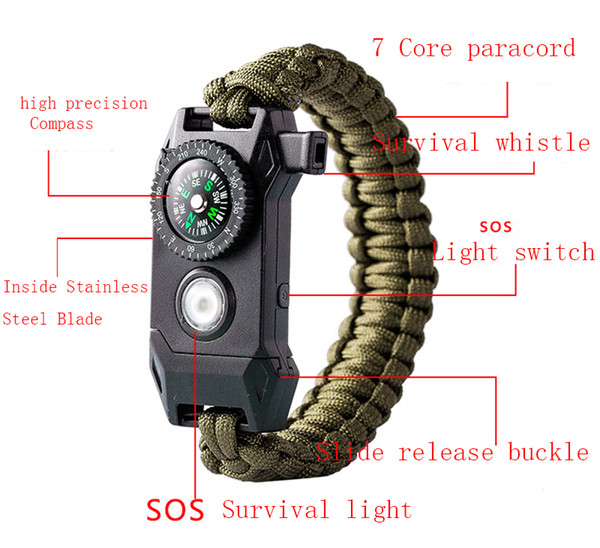 2018 new design mix color Climbing Rope Survival Cord Bracelets Outdoor Paracord Bracelets with SOS LED Light & Compass Hope Bangles