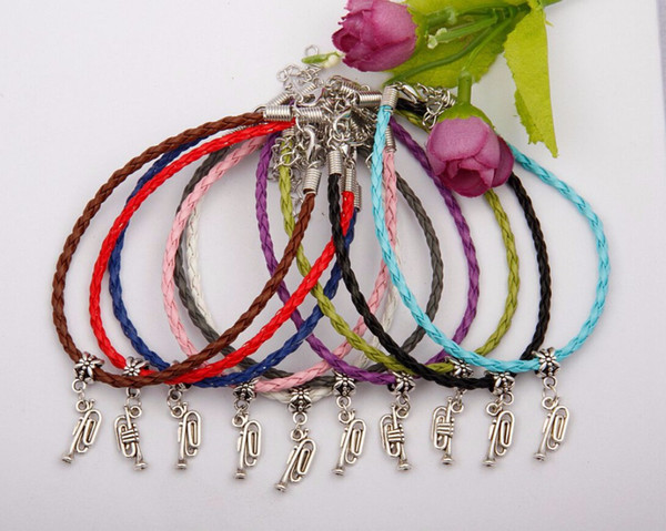 Alloy Jewelry Hot 50pcs Lovely Music Trumpet Charms Pendants Mixed Color Braided Rope Bracelet Fashion Jewelry DIY For Women&Men F758