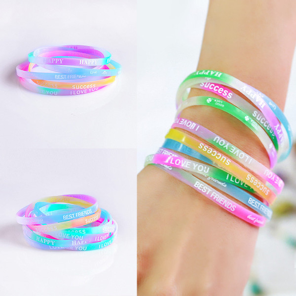 New Fashion Summer Sport Silicone Bracelets Candy Color Printed Rubber Wristband Bracelets Jewelry for Sale 12PCS