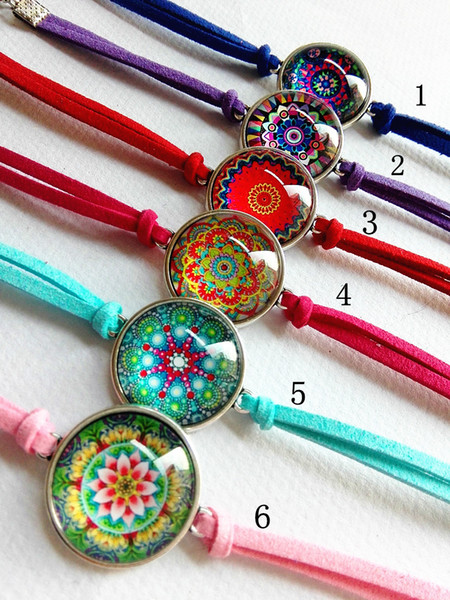 24pcs/lot (Mixed 6 styles) New styles Mandala Flower Buddhism Zen Picture Charm Cuff Glass Cabochon Bracelets Bangle Silver Plated