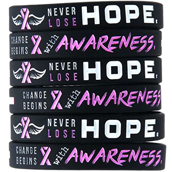 Black with Pink and White Text Breast Cancer Awareness Ribbon Sport Silicone Rubber Bracelet Wristband Shipping