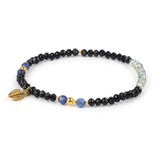 Black crystal galss beads bracelet gold leaf charm girls bracelets Korean style handmade beads jewelry drop shipping