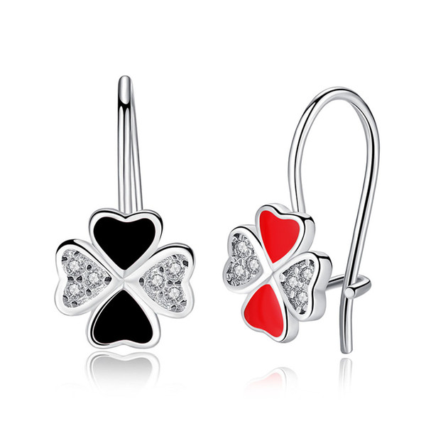 BELAWANG 2 Colors Black&Red Enamel Clover Hoop Earrings 925 Sterling Silver Four Leaf Earring with White CZ for Women Girls Children Jewelry