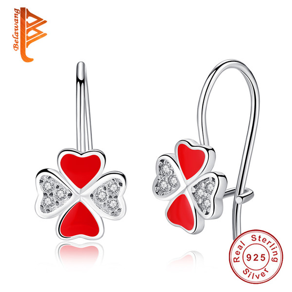 BELAWANG Red Enamel Clover Hoop Earrings 925 Sterling Silver Four Leaf Earring with Cubic Zircon for Women Children Jewelry Free Shipping