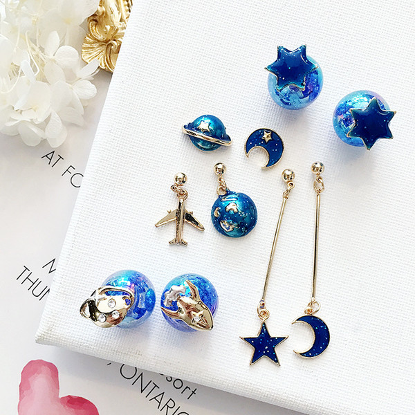 2019 New Korean Japan Blue Universe Planet Star Moon Rocket Aircraft Cute Earrings for Women Girl Fashion Jewelry Party Gift