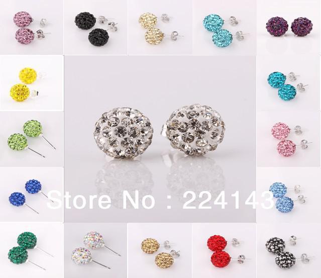 6pcs mixed color wholesale 925 sterling silver earings Shamballa 10mm crystal loverly girls's stud earings free shipping