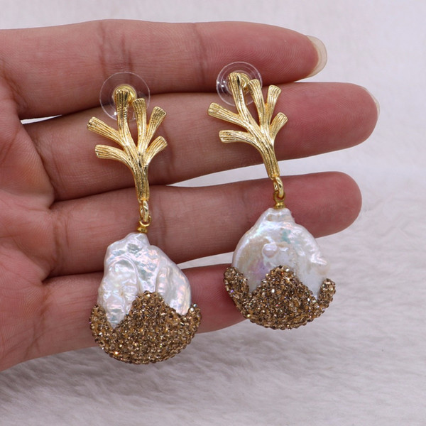 5 Pairs Natural Pearls Pave Gold Rhinestone Drop Earrings Dangle Handcrafted Druzy Jewelry Gems for Lady