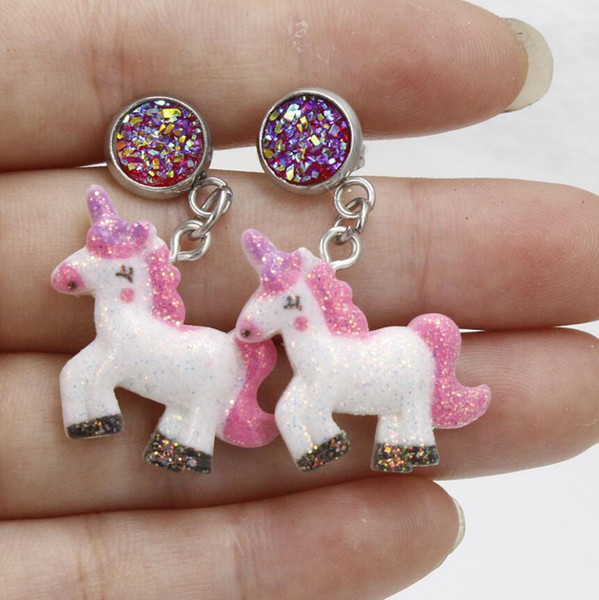 2018 New Unicorn Druzy Drusy Dangle Earrings Rainbow Pony Stud Earrings Stainless Steel Jewelry For Children And Girls